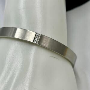Stainless Steel Oval Brushed Four Embedded Crystals Snap Hinged Closure Bangle